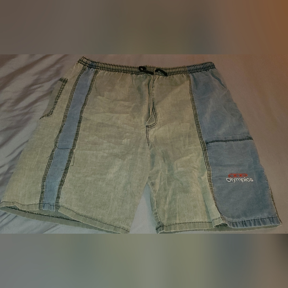 Green and blue shorts with pockets.